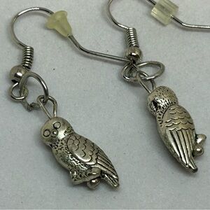 Owl‎ Silvertone Dangle Fishhook Earrings